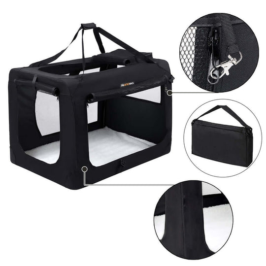 Black FEANDREA Dog Kennel Transport Box, Folding Fabric Pet Carrier, 60cm, with mesh windows and carrying handles, ideal for travel.