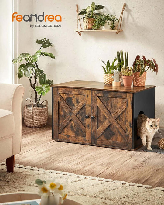 Vintage brown cat litter box with removable divider, barn door design, providing privacy. Affordable, luxe, and quality furniture piece.