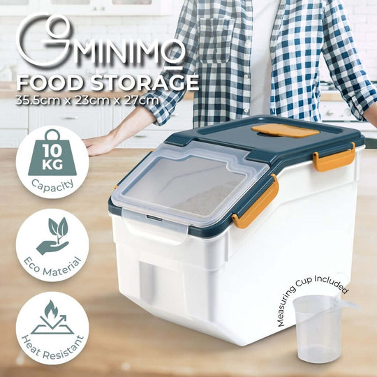 Gominimo airtight food storage container, 10kg capacity, eco-friendly design, heat resistant, includes measuring cup, pantry organizer box.