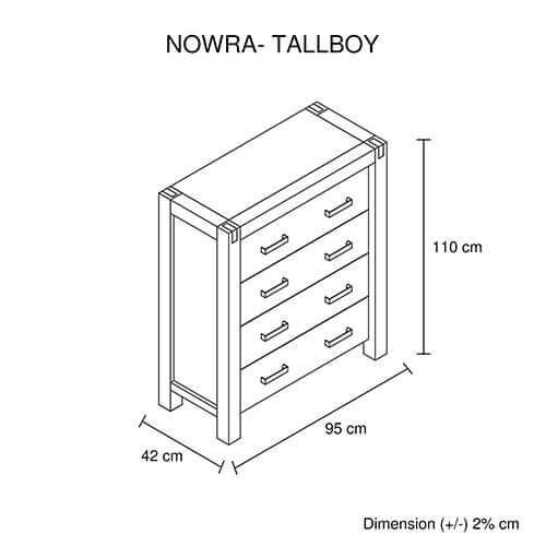 Diagram of Nowra tallboy with dimensions 110cm height, 95cm width, and 42cm depth, featuring four drawers and solid wood construction.