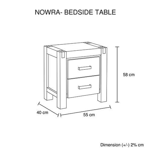 Nowra bedside table dimensions illustration with two drawers, solid wood construction, 55 cm wide, 40 cm deep, 58 cm tall.