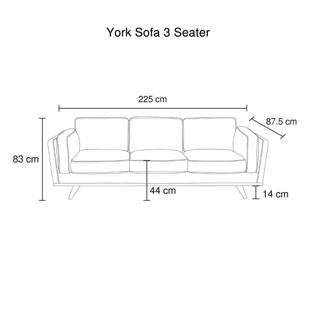 Dimensions and schematic of a York 3 seater sofa with measurements in centimeters for height, width, depth, and seat height.