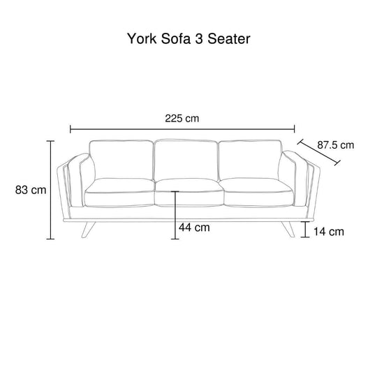 Dimensions and schematic of a York 3 seater sofa with measurements in centimeters for height, width, depth, and seat height.