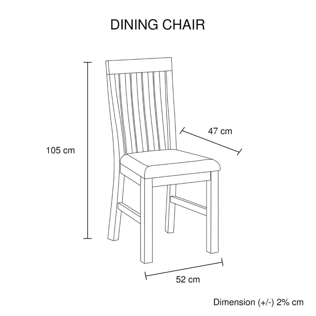 Diagram of Java dining chair in oak color with dimensions 105 cm height, 47 cm seat depth, and 52 cm seat width.