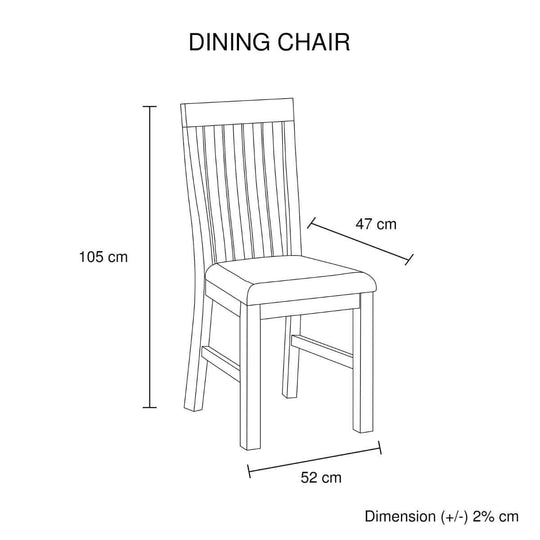 Diagram of Java dining chair in oak color with dimensions 105 cm height, 47 cm seat depth, and 52 cm seat width.