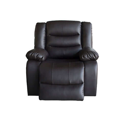 Black faux leather recliner chair with plush cushioning and spacious armrests, perfect for affordable luxury seating.