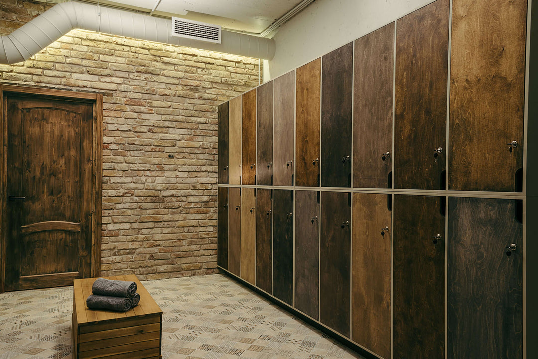 Affordable DIY storage lockers against a brick wall in a stylish, quality interior design.